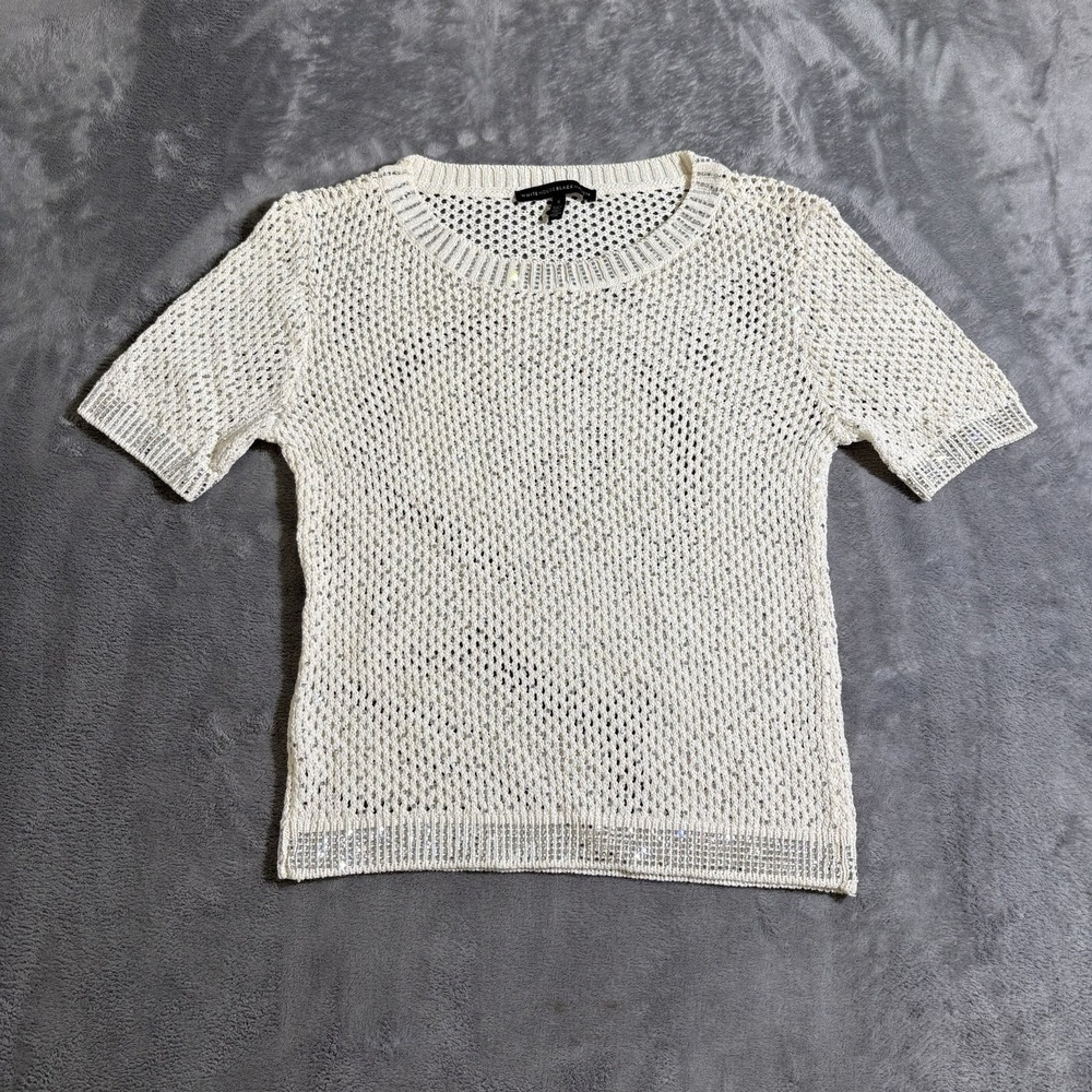White House Black Market Small White Knit Crochet Sheer Short Sleeve Cover Top